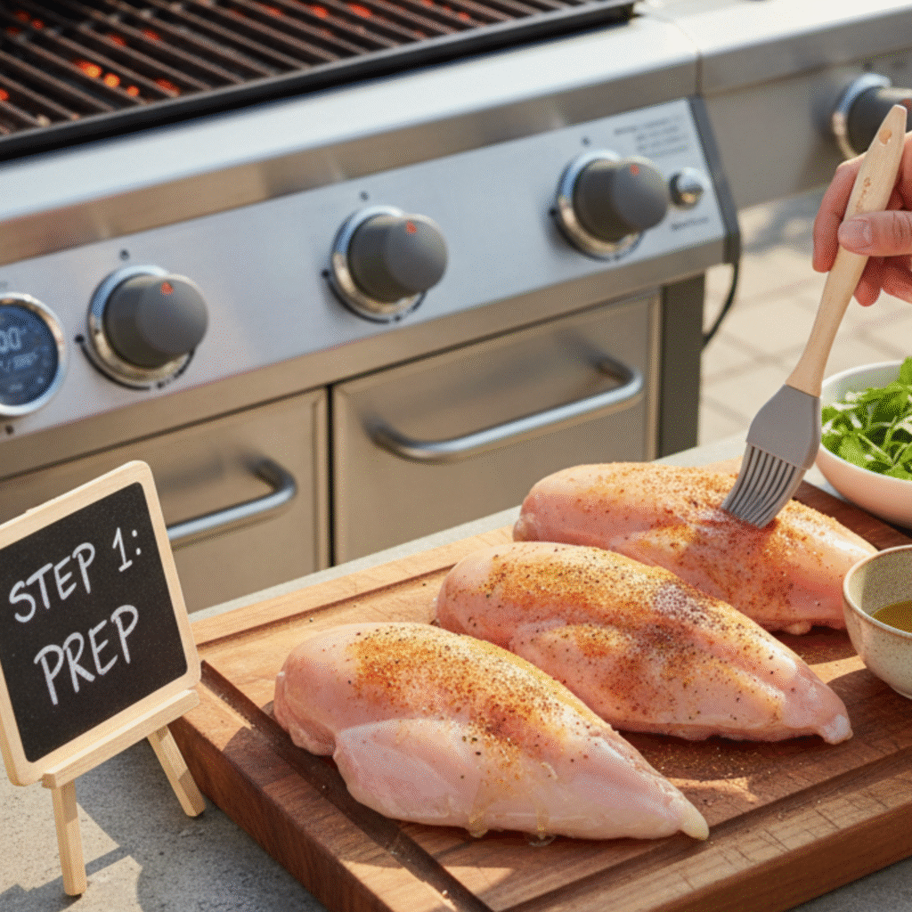 Preheating grill to medium-high for grilled chicken breast recipes with perfect sear.