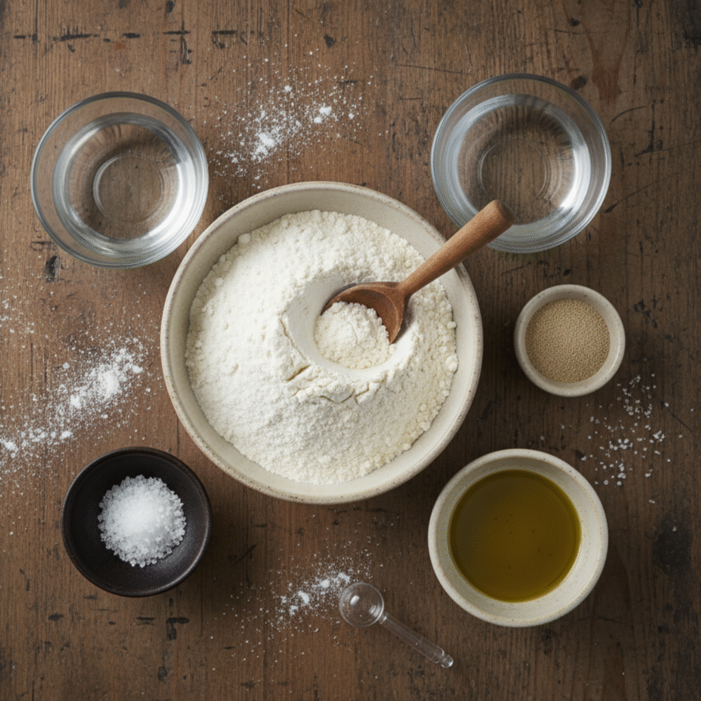 Ciabatta bread ingredients bread flour yeast olive oil salt and water arranged on rustic table
