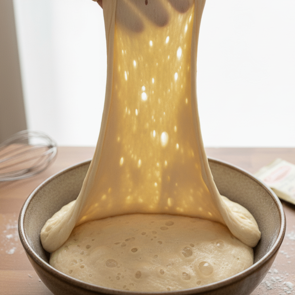 Hands stretching and folding ciabatta dough to build gluten airy Italian bread texture