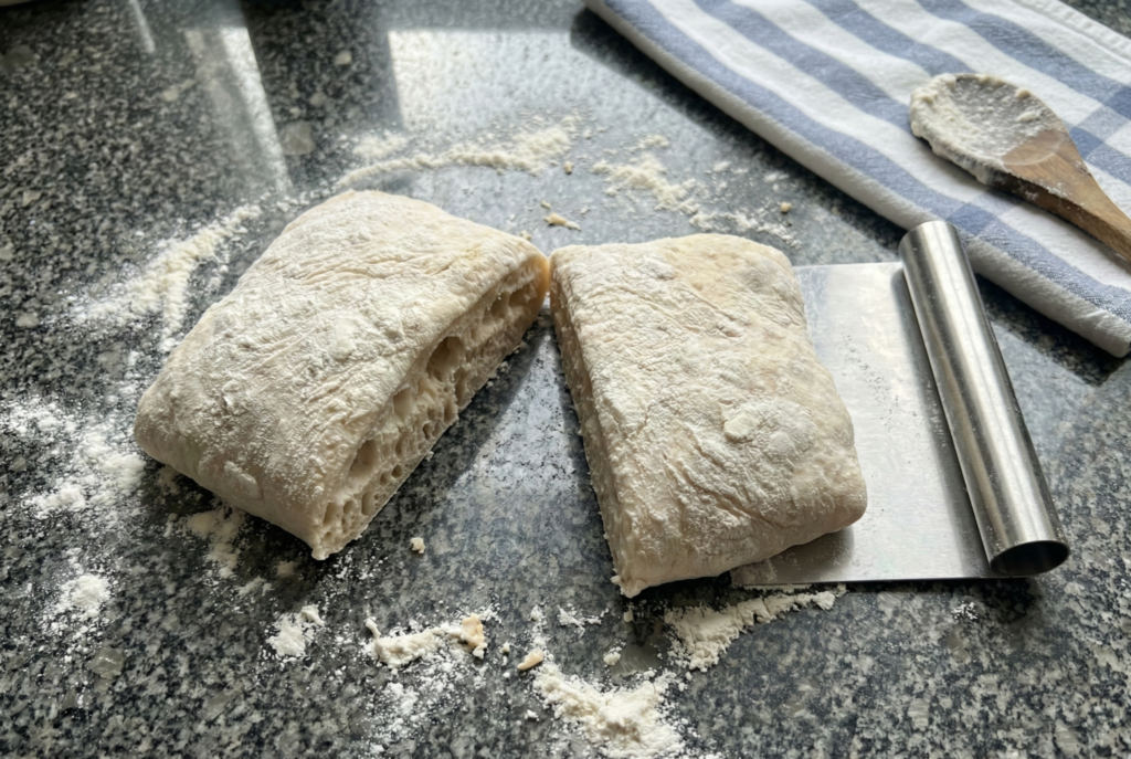 Dividing puffy ciabatta dough into two rectangular loaves on a heavily floured surface using a bench scraper.