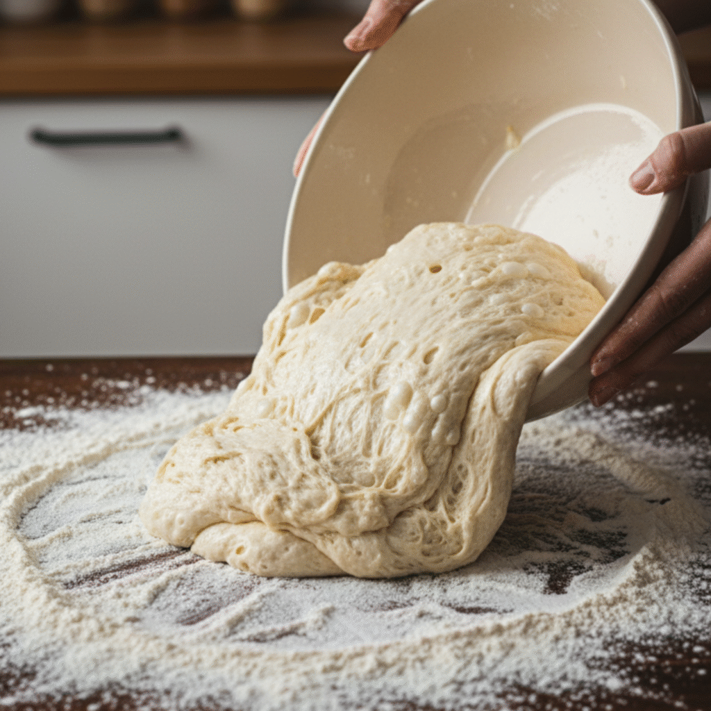 Hands stretching and folding ciabatta dough to build gluten airy Italian bread texture