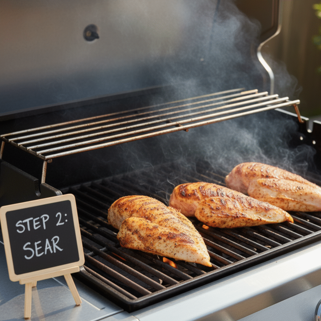Seasoning barbecue boneless chicken breast with olive oil and spices before grilling.