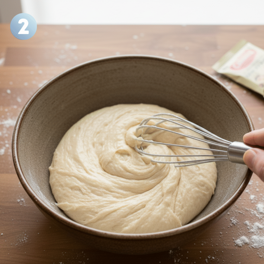Sticky ciabatta bread biga pre-ferment resting in glass bowl covered with plastic wrap