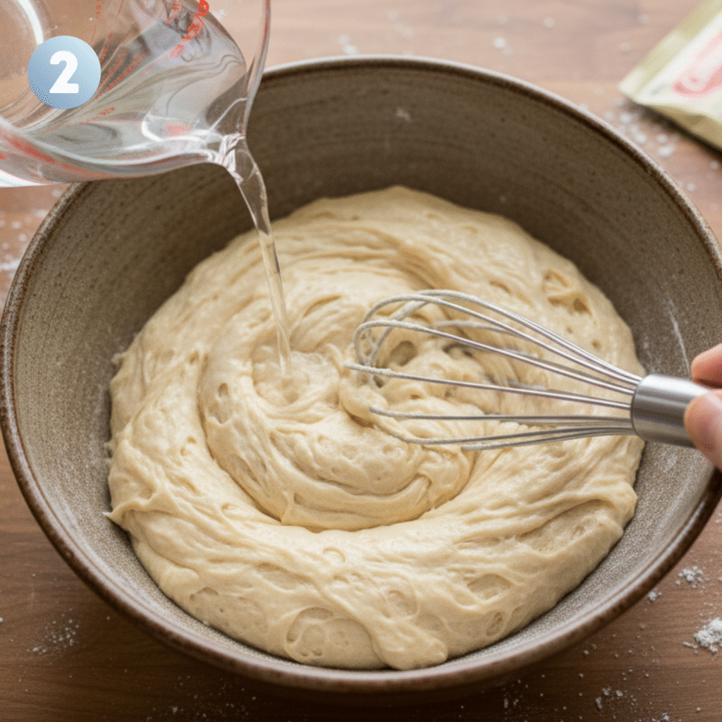 Sticky ciabatta bread biga pre-ferment resting in glass bowl covered with plastic wrap