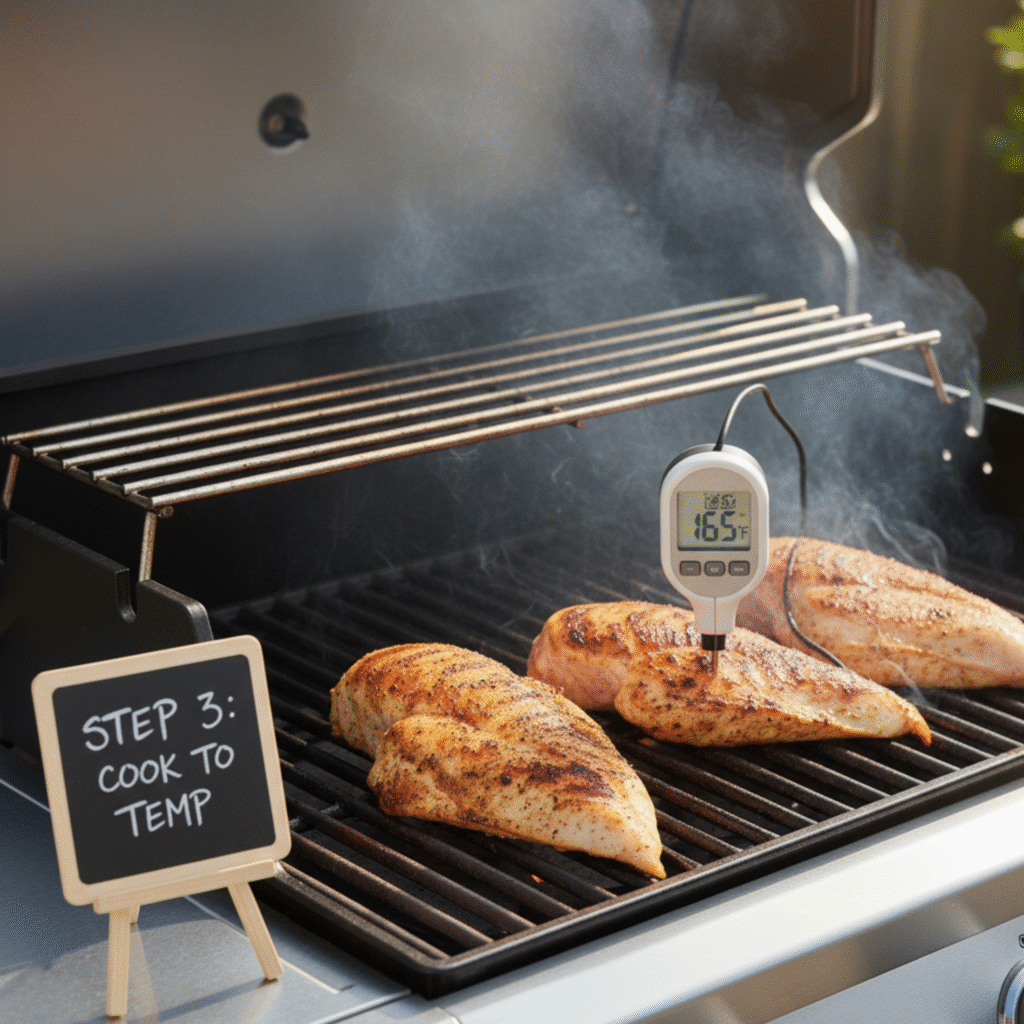 Baked barbecue chicken breast recipe cooking on grill with juicy results.