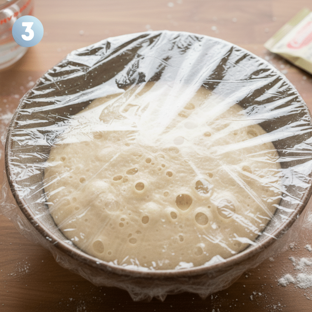 Sticky ciabatta bread biga pre-ferment resting in glass bowl covered with plastic wrap