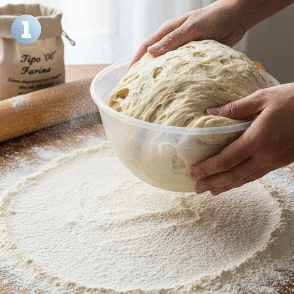 Hands stretching and folding ciabatta dough to build gluten airy Italian bread texture, ciabatta recipe