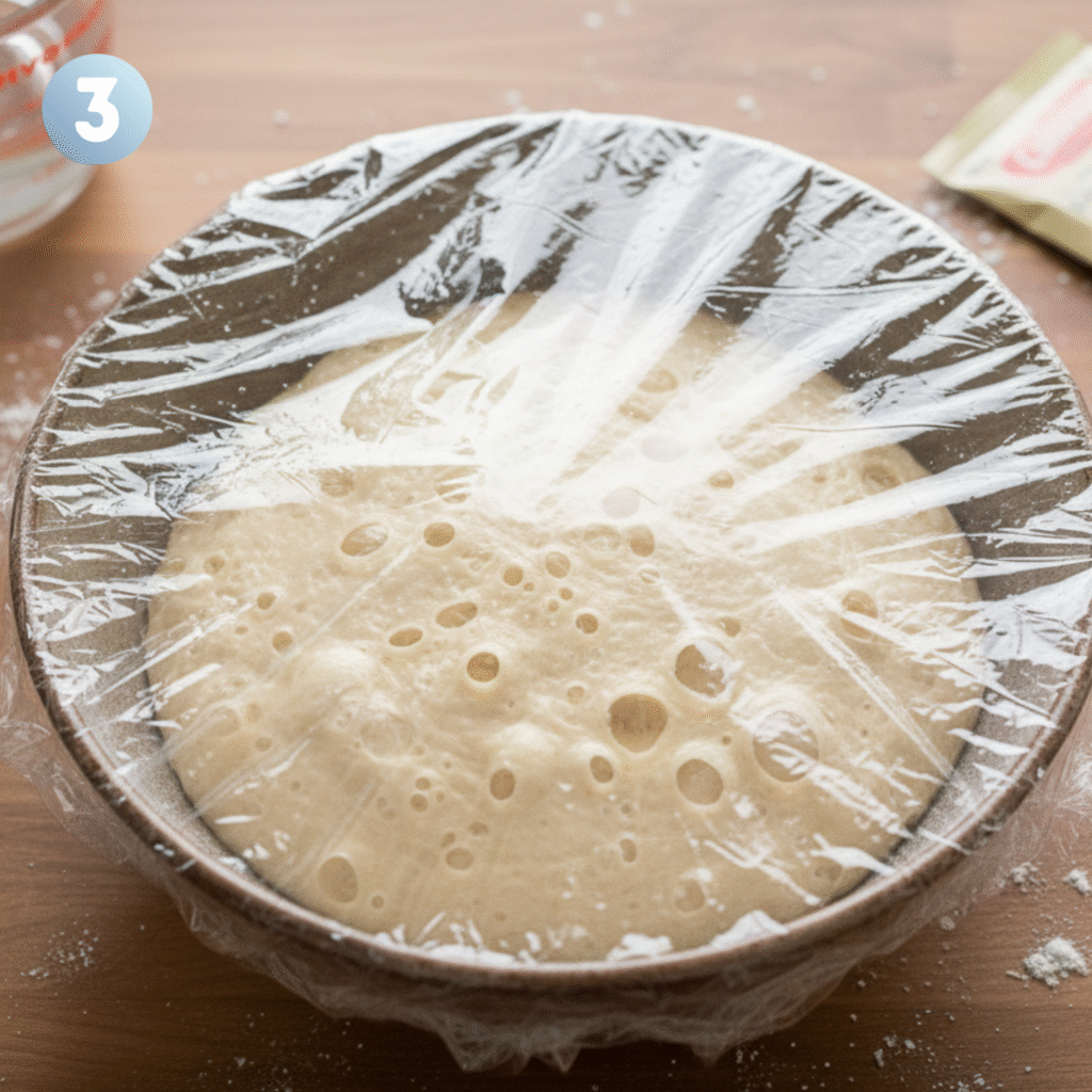 Sticky ciabatta bread biga pre-ferment resting in glass bowl covered with plastic wrap
