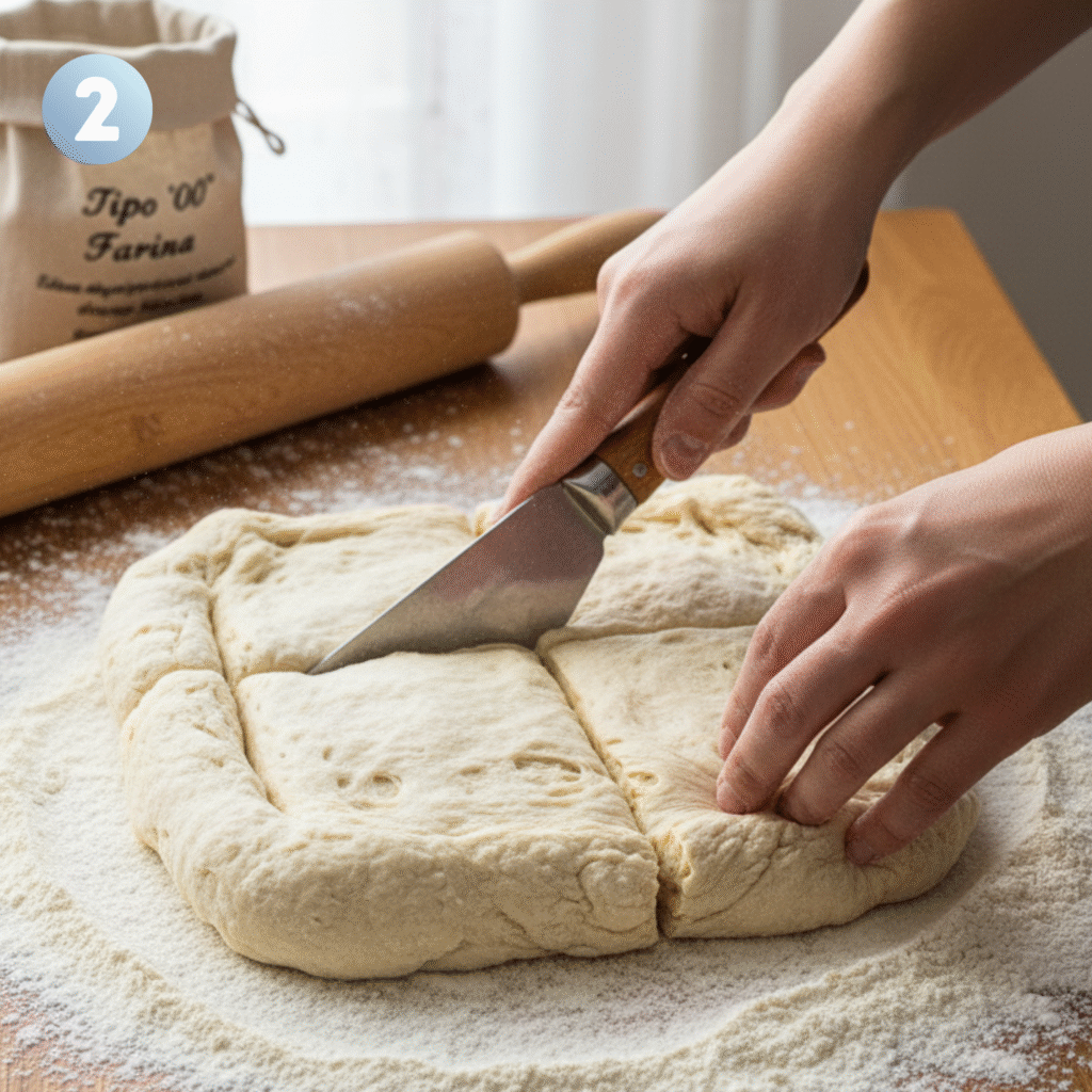 Hands stretching and folding ciabatta dough to build gluten airy Italian bread texture, ciabatta bread recipe