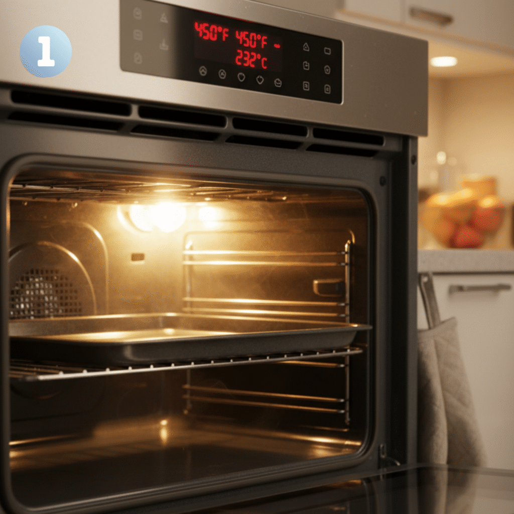 Golden brown homemade bread baking in oven with steam for crispy crust.