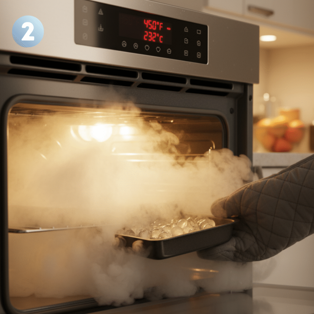 Golden brown homemade bread baking in oven with steam for crispy crust.