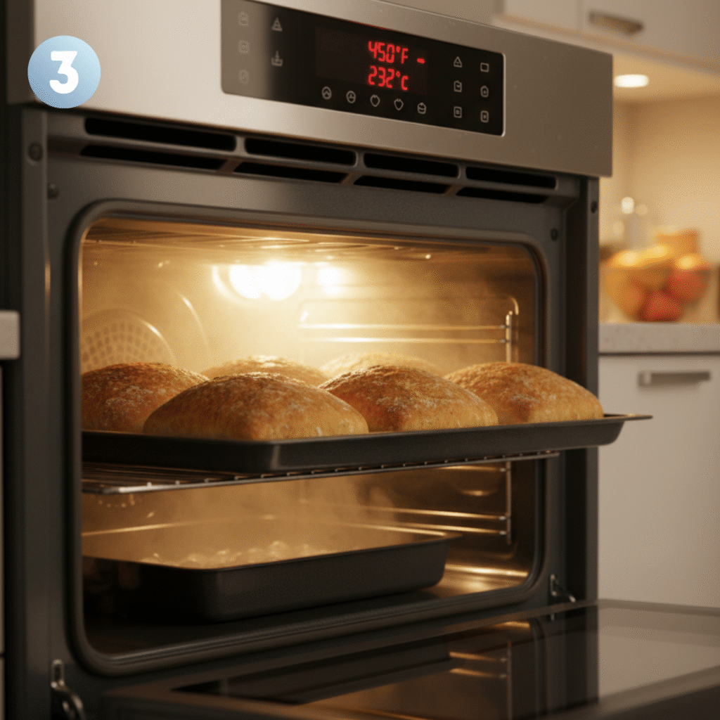 Golden brown homemade bread baking in oven with steam for crispy crust.