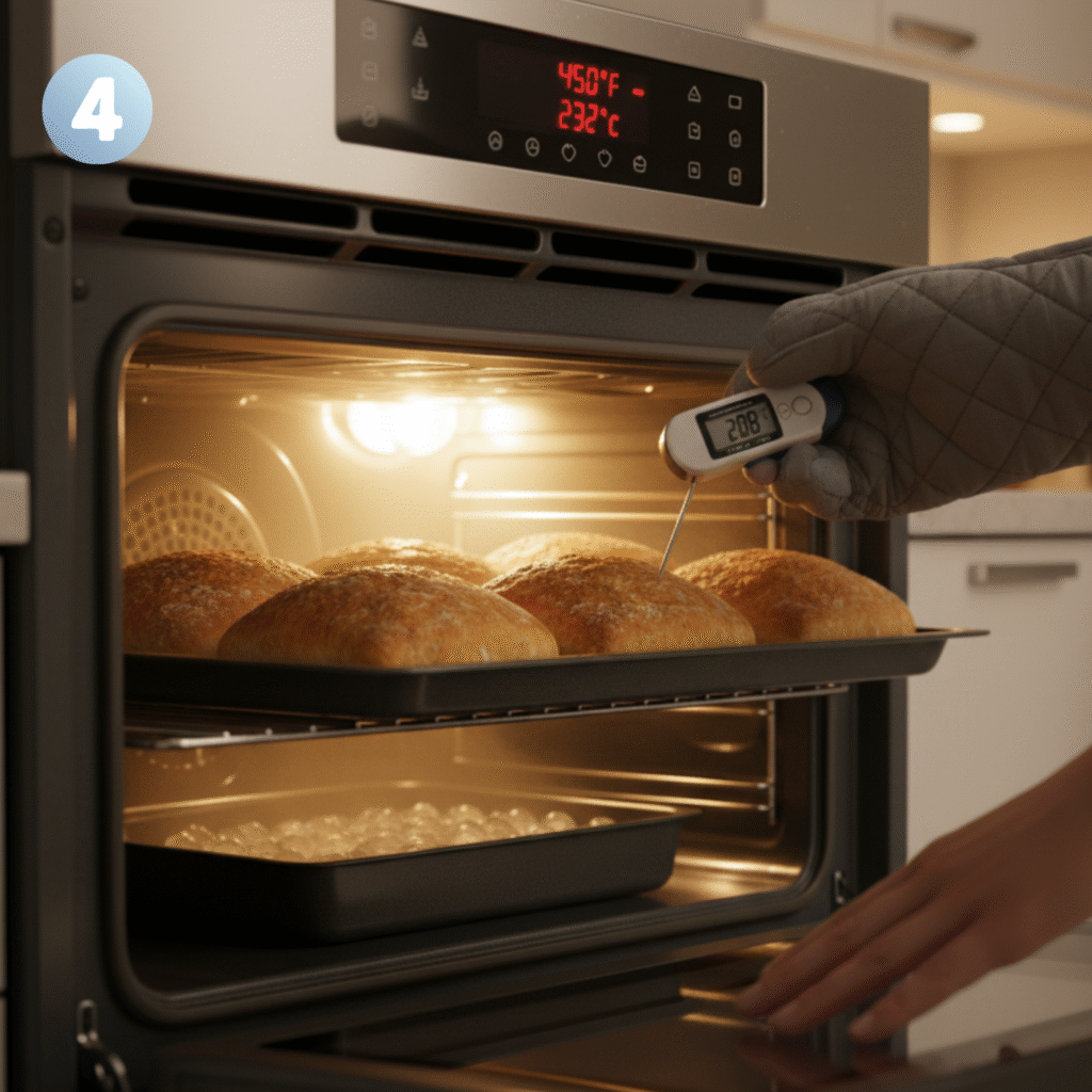 Golden brown homemade bread baking in oven with steam for crispy crust.