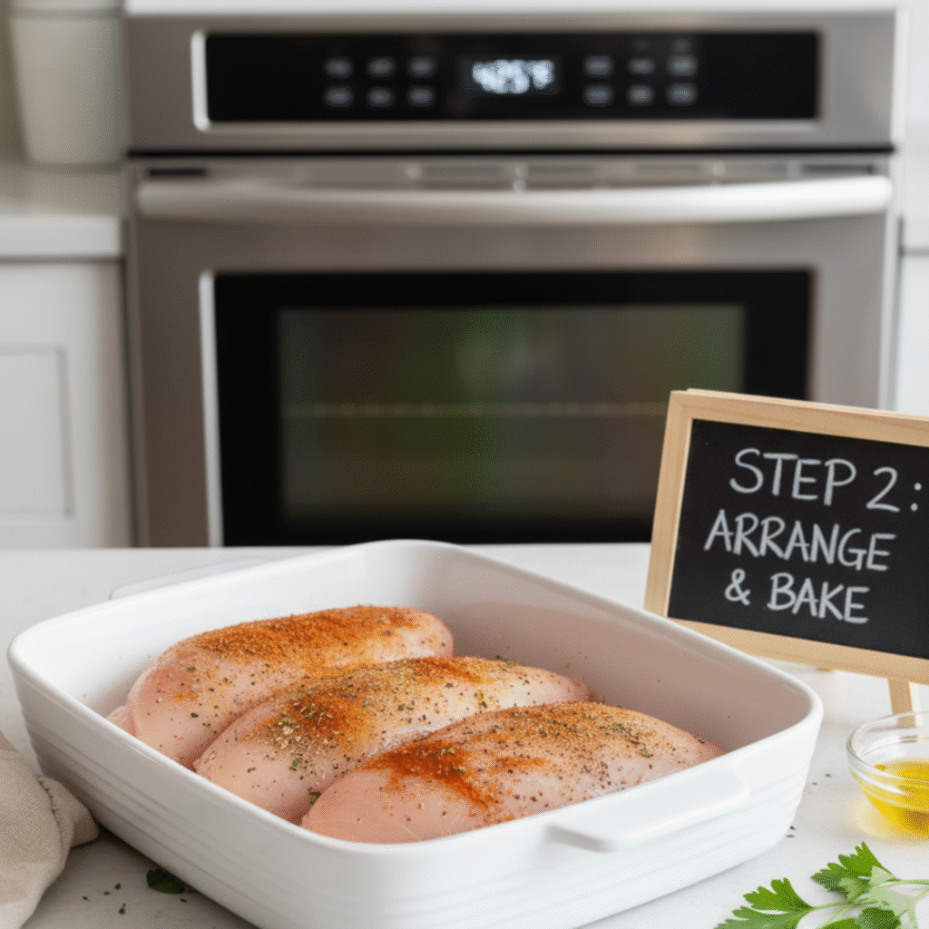 Arranging seasoned barbecue chicken breast recipe oven style in a baking dish.