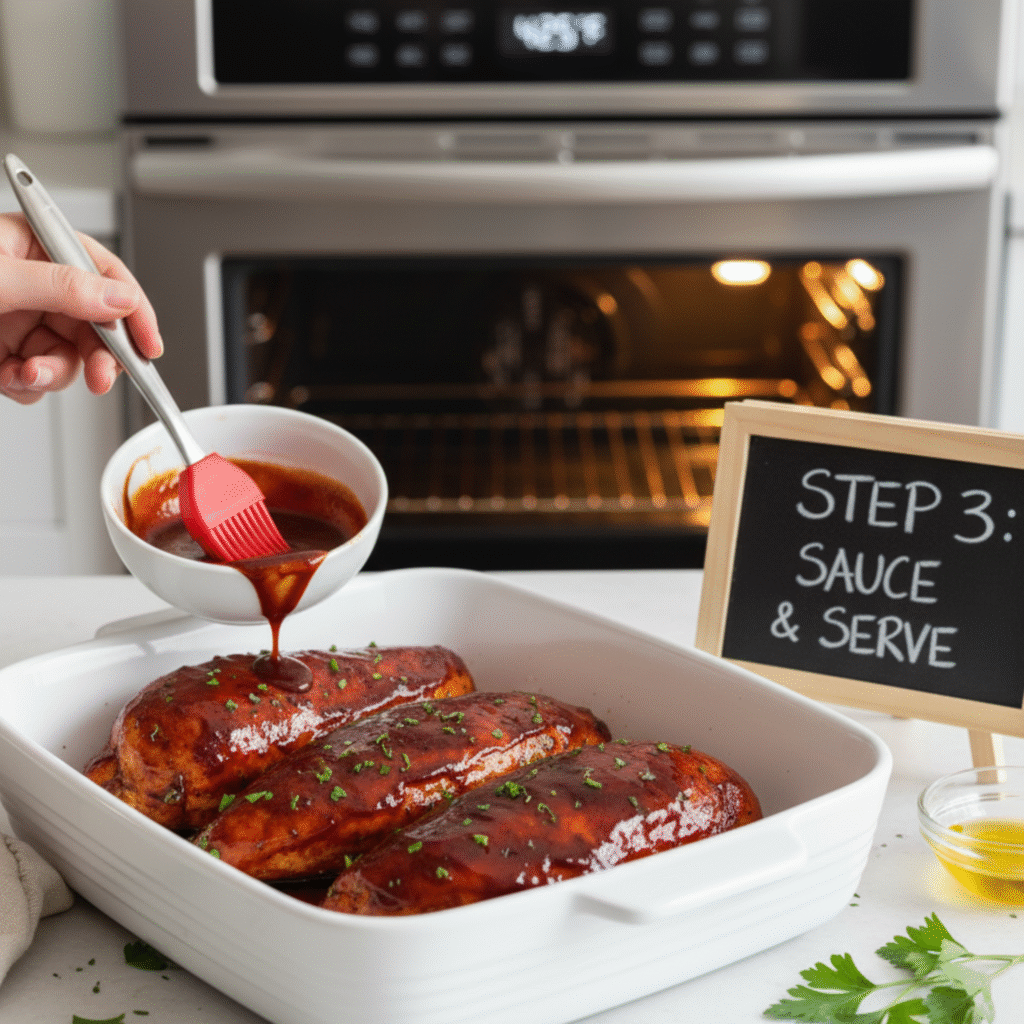 Baked barbecue chicken breast recipe cooking in oven until juicy and tender.