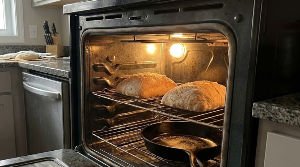 Ciabatta bread baking in a home oven with a cast iron skillet at the bottom to create steam for a crispy crust.