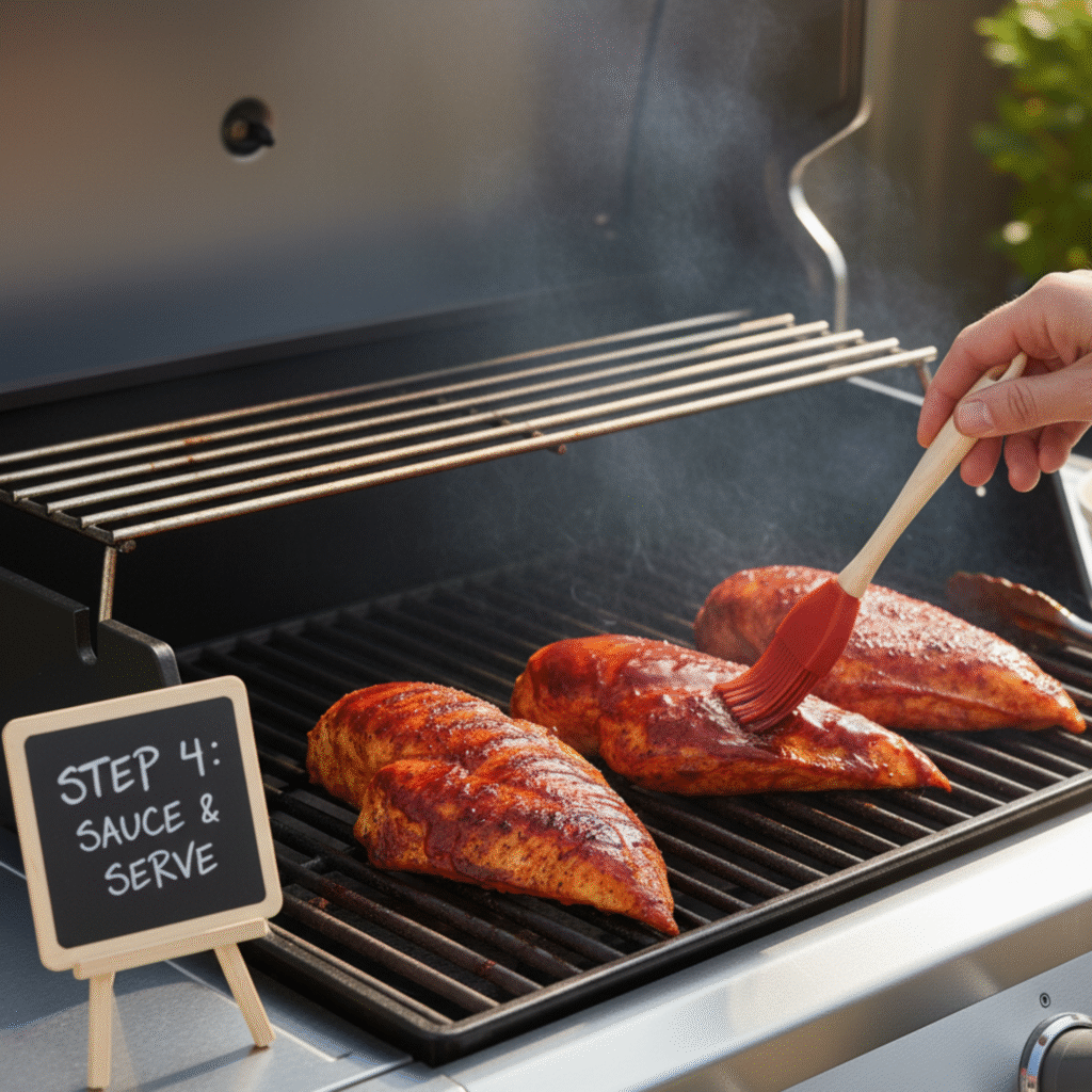 Brushing baked BBQ chicken breast in oven with sauce and letting it rest before serving.