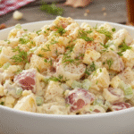 Classic potato salad recipe served with fresh herbs for summer BBQ