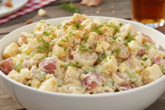 Classic potato salad recipe served with fresh herbs for summer BBQ