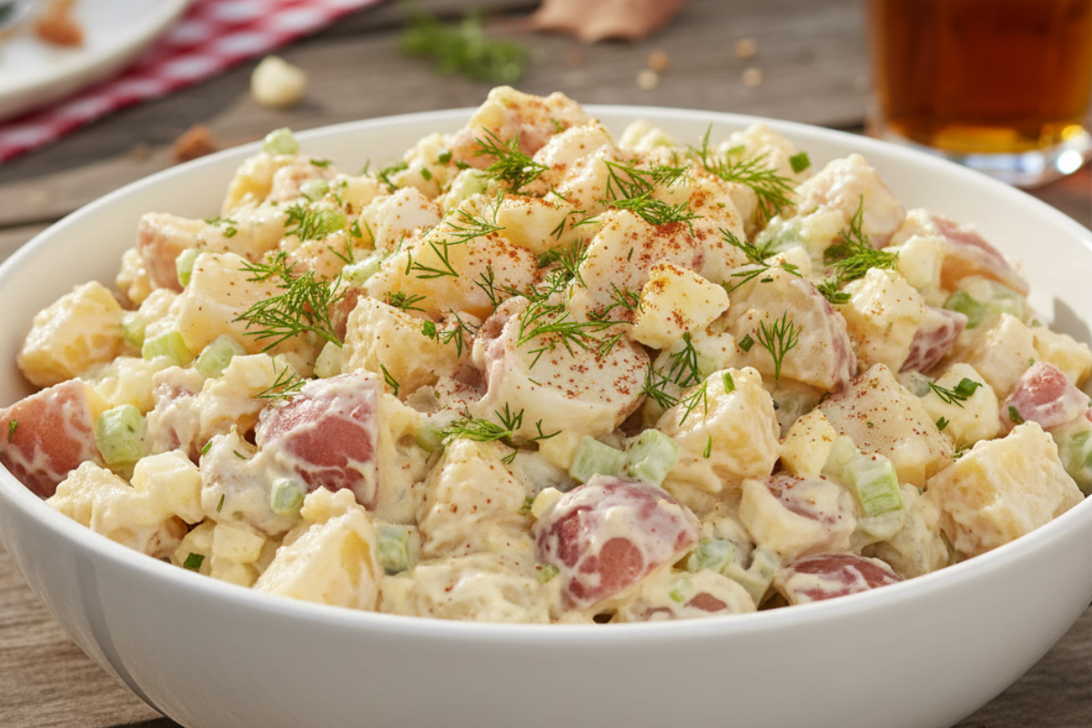 Classic potato salad recipe served with fresh herbs for summer BBQ