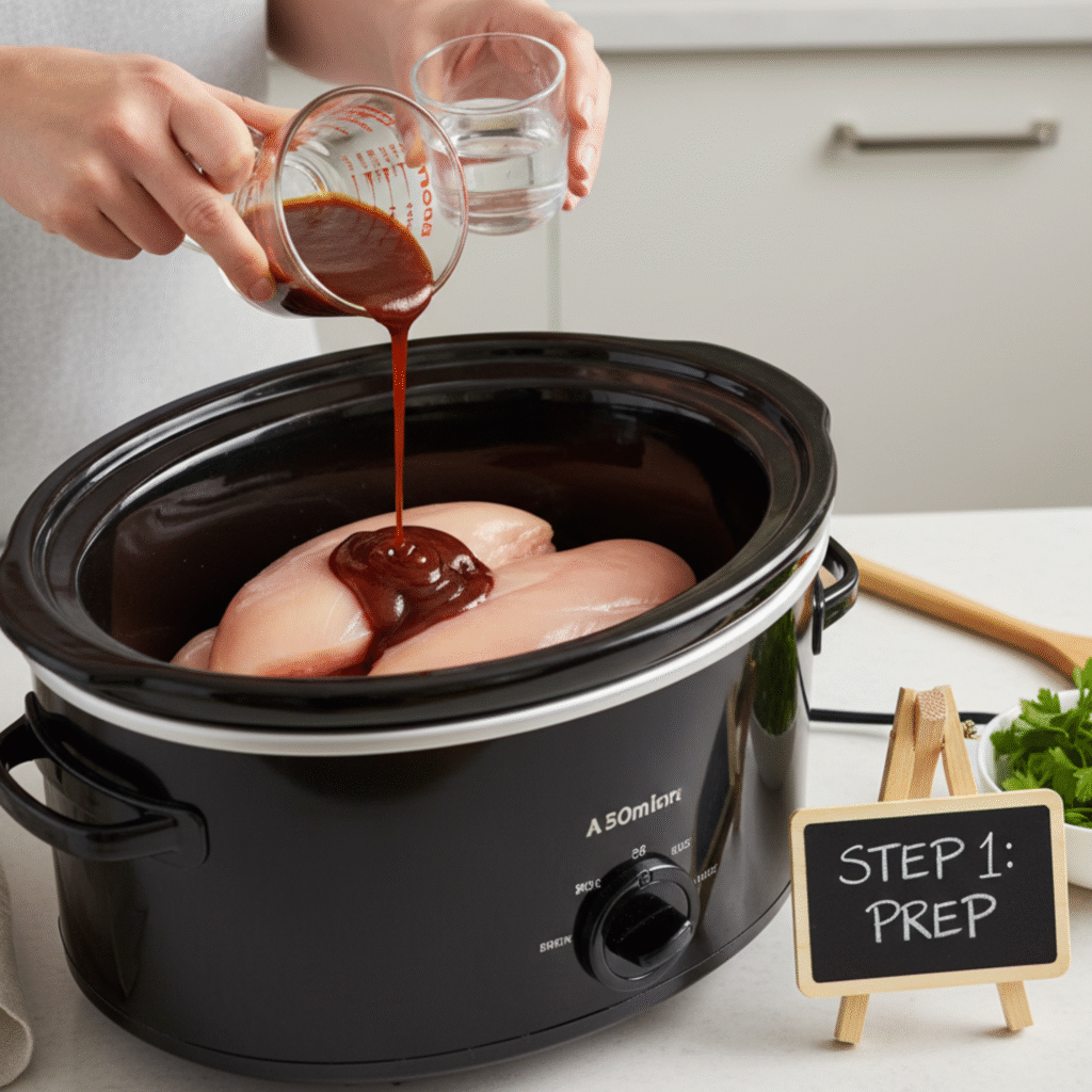 Crock pot barbeque chicken breasts with BBQ sauce and stock before slow cooking.