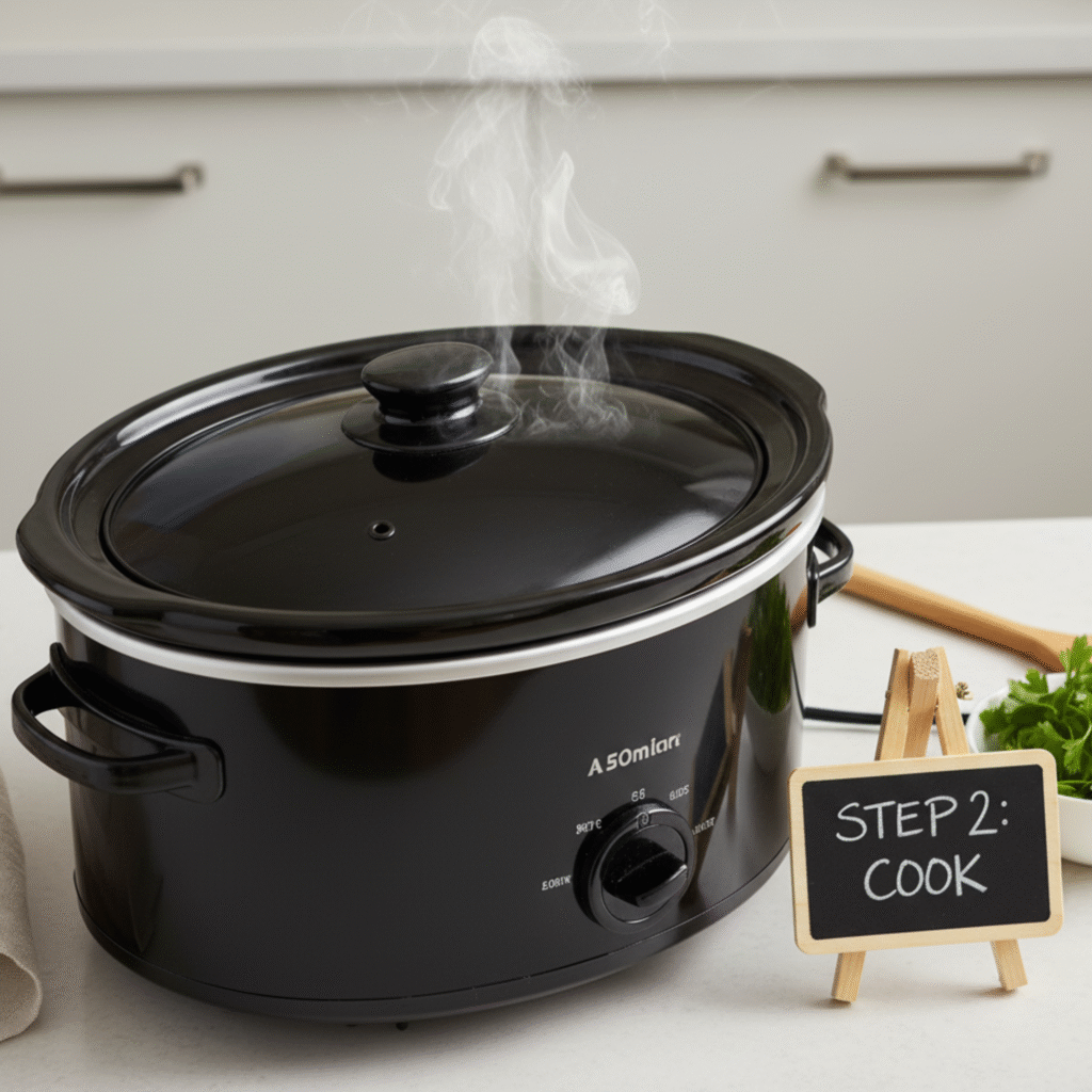 Crockpot BBQ chicken breast cooking low and slow for tender results.