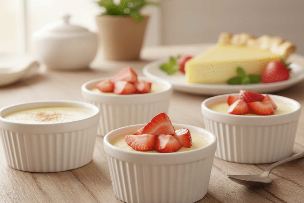 Custard cups served with strawberries and lemon custard pie