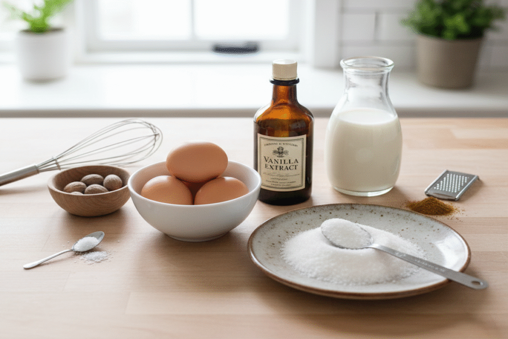 Custard recipe ingredients including eggs, sugar, milk, and vanilla on a kitchen counter