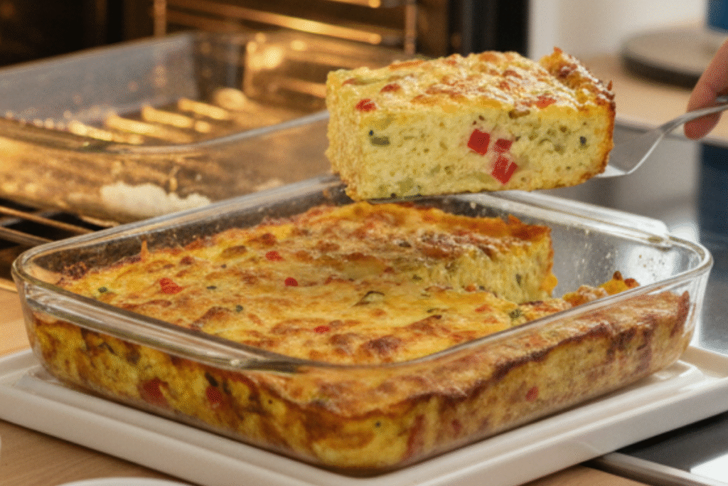 Final Cottage Cheese Egg Bake ready to serve - high protein breakfast casserole