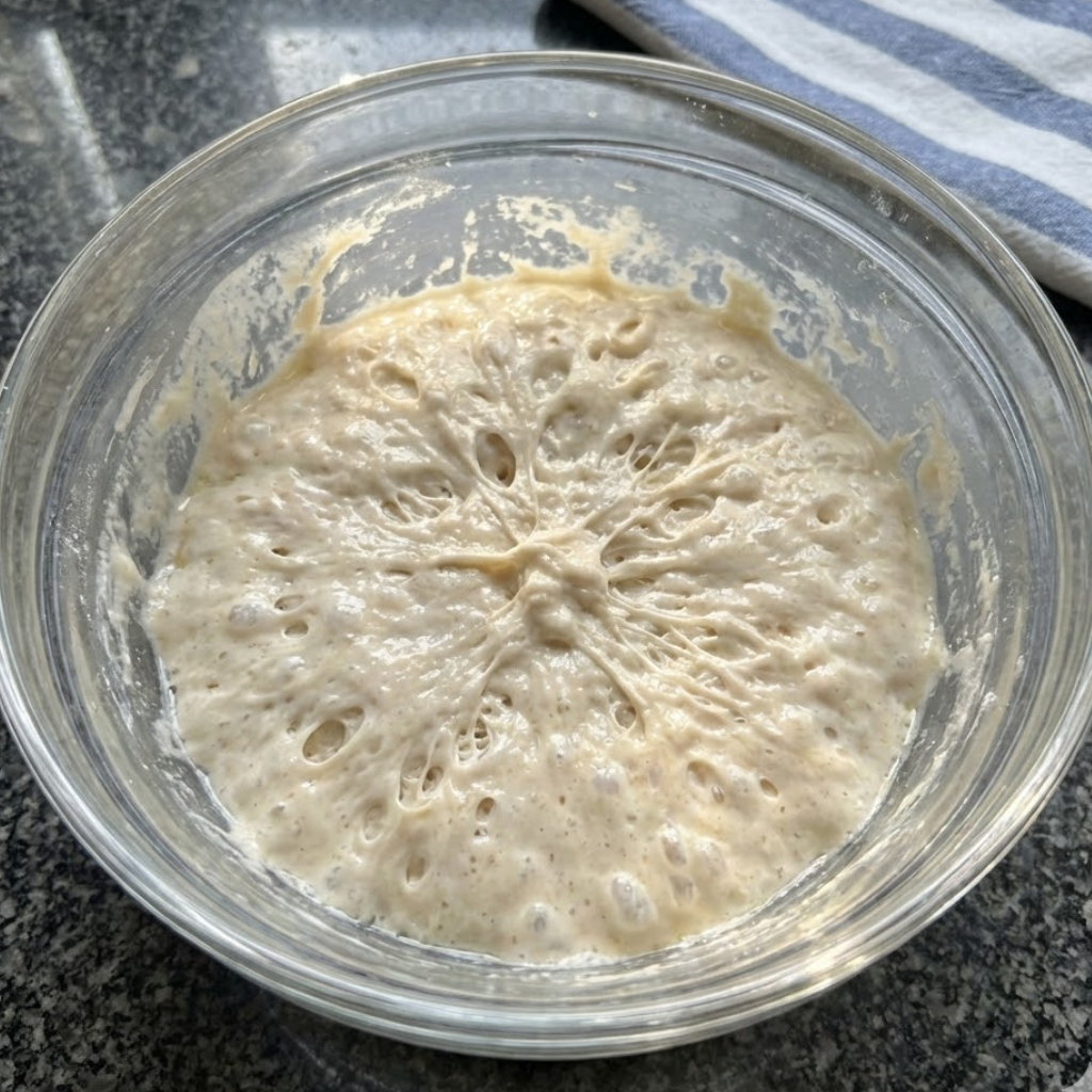 Close up of bubbly and active biga preferment for ciabatta dough fermenting in a glass bowl.