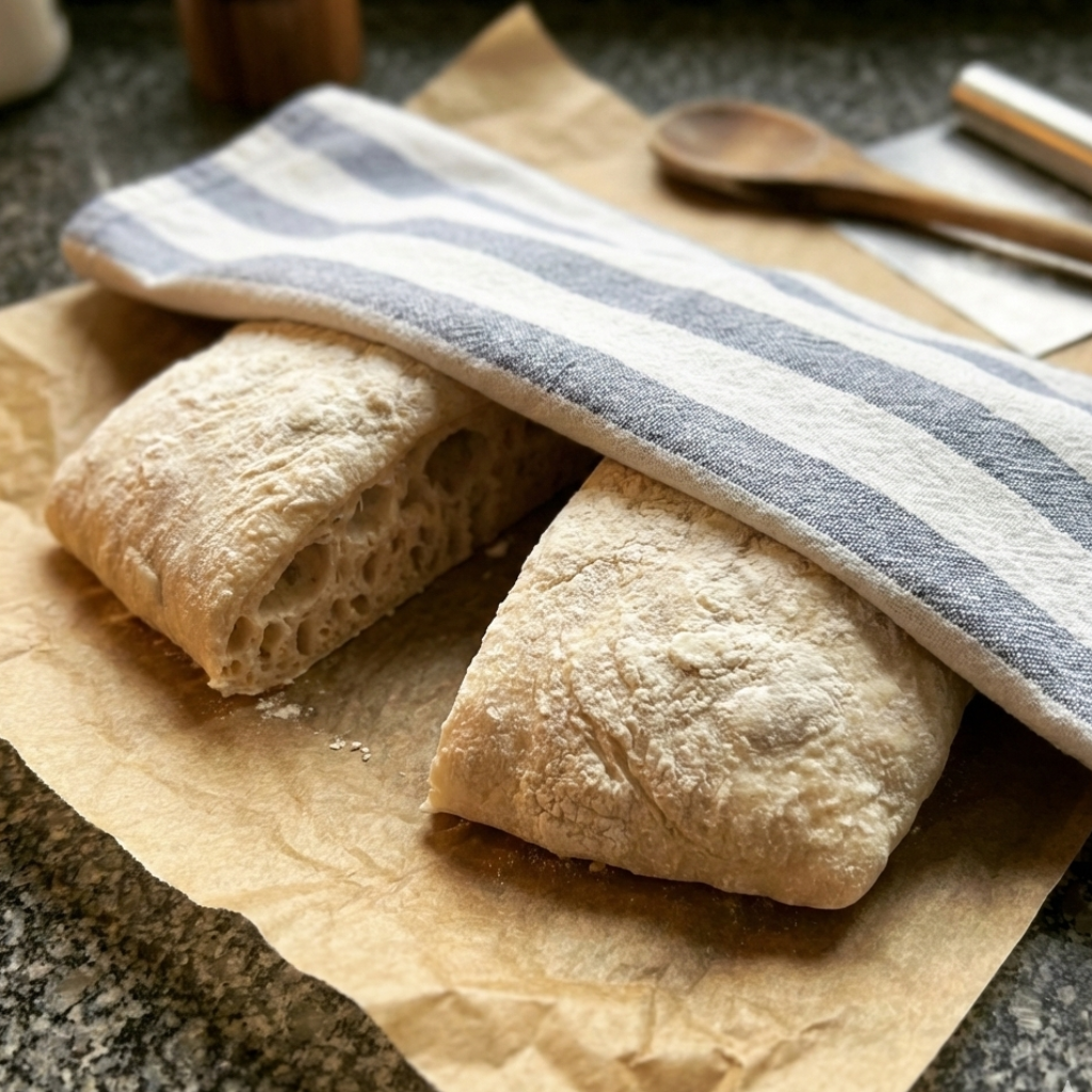 Ciabatta loaves undergoing final proofing on parchment paper covered with a blue striped kitchen towel.