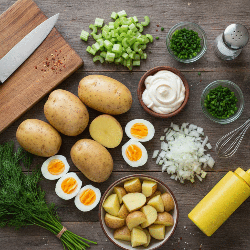 Fresh potato salad ingredients ready to prepare at home
