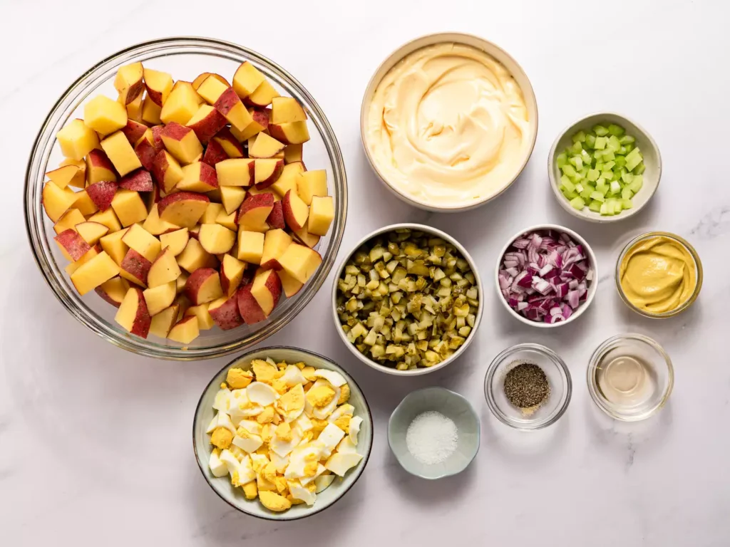 Fresh potato salad ingredients ready to prepare at home