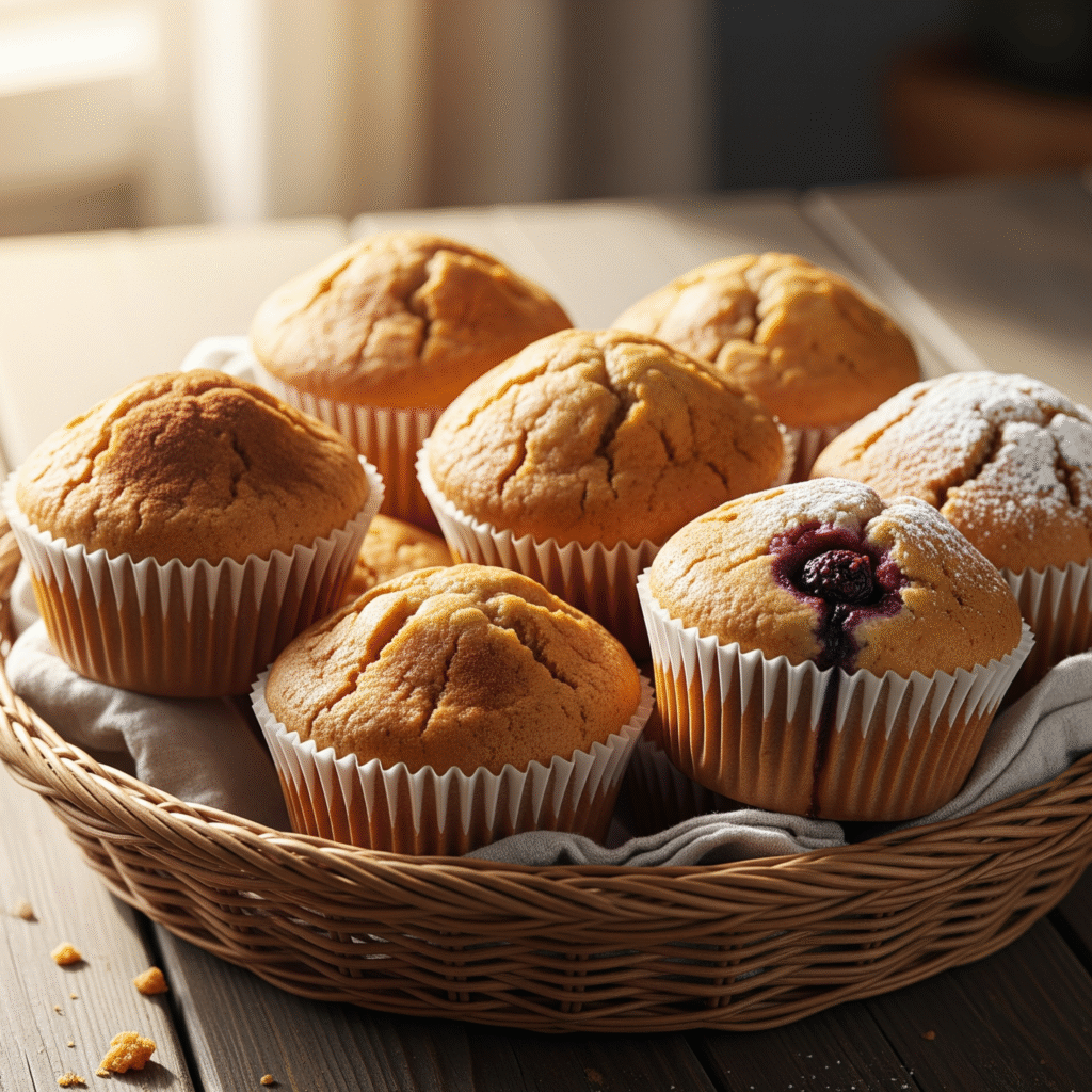 Gluten free baked muffins with golden tops