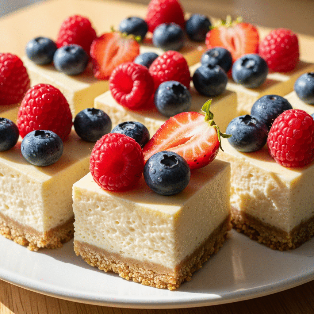 Gluten free cheesecake bars with creamy filling and golden crust