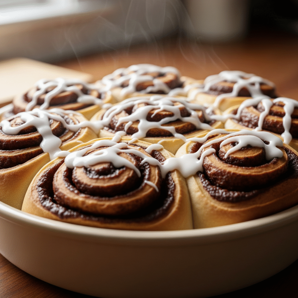 Gluten free cinnamon rolls with icing glaze and cinnamon swirl