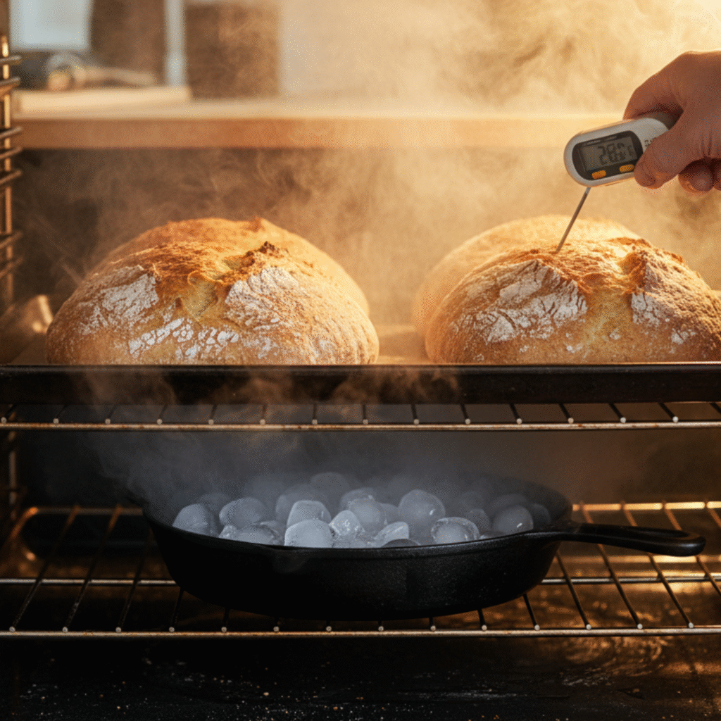 Golden brown homemade bread baking in oven with steam for crispy crust.