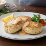 Golden crispy crab cake served with lemon wedges and fresh parsley