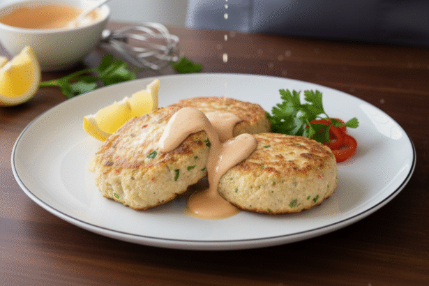 Golden crispy crab cake served with lemon wedges and fresh parsley
