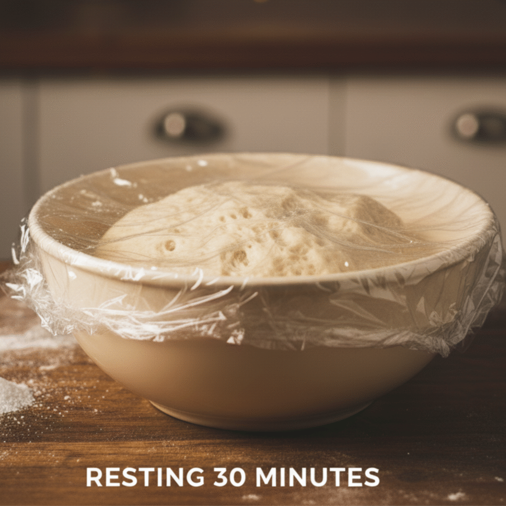 Hands stretching and folding ciabatta dough to build gluten airy Italian bread texture