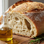 Homemade ciabatta bread loaf with golden crispy crust and airy crumb on wooden board