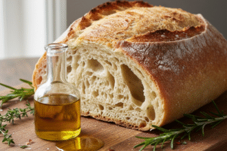 Homemade ciabatta bread loaf with golden crispy crust and airy crumb on wooden board