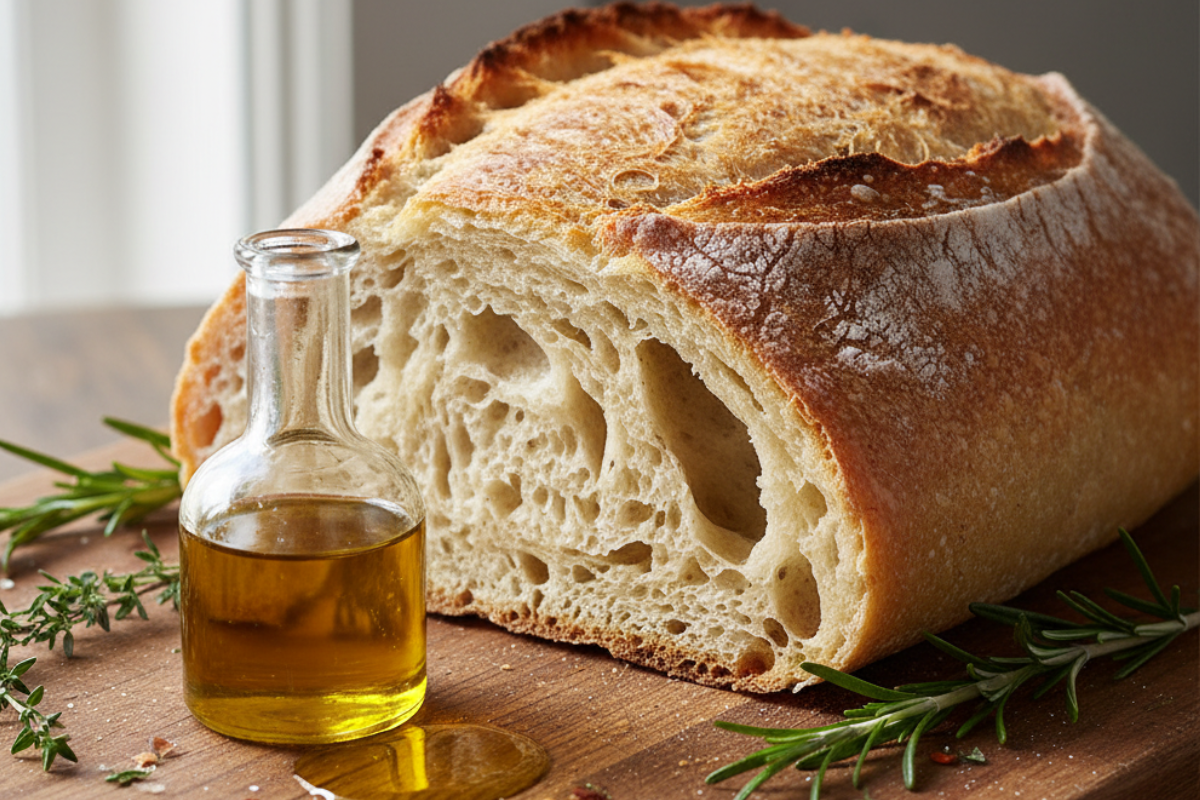 Homemade ciabatta bread loaf with golden crispy crust and airy crumb on wooden board