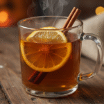 Hot Toddy drink with lemon and cinnamon served warm