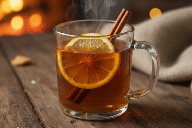 Hot Toddy drink with lemon and cinnamon served warm