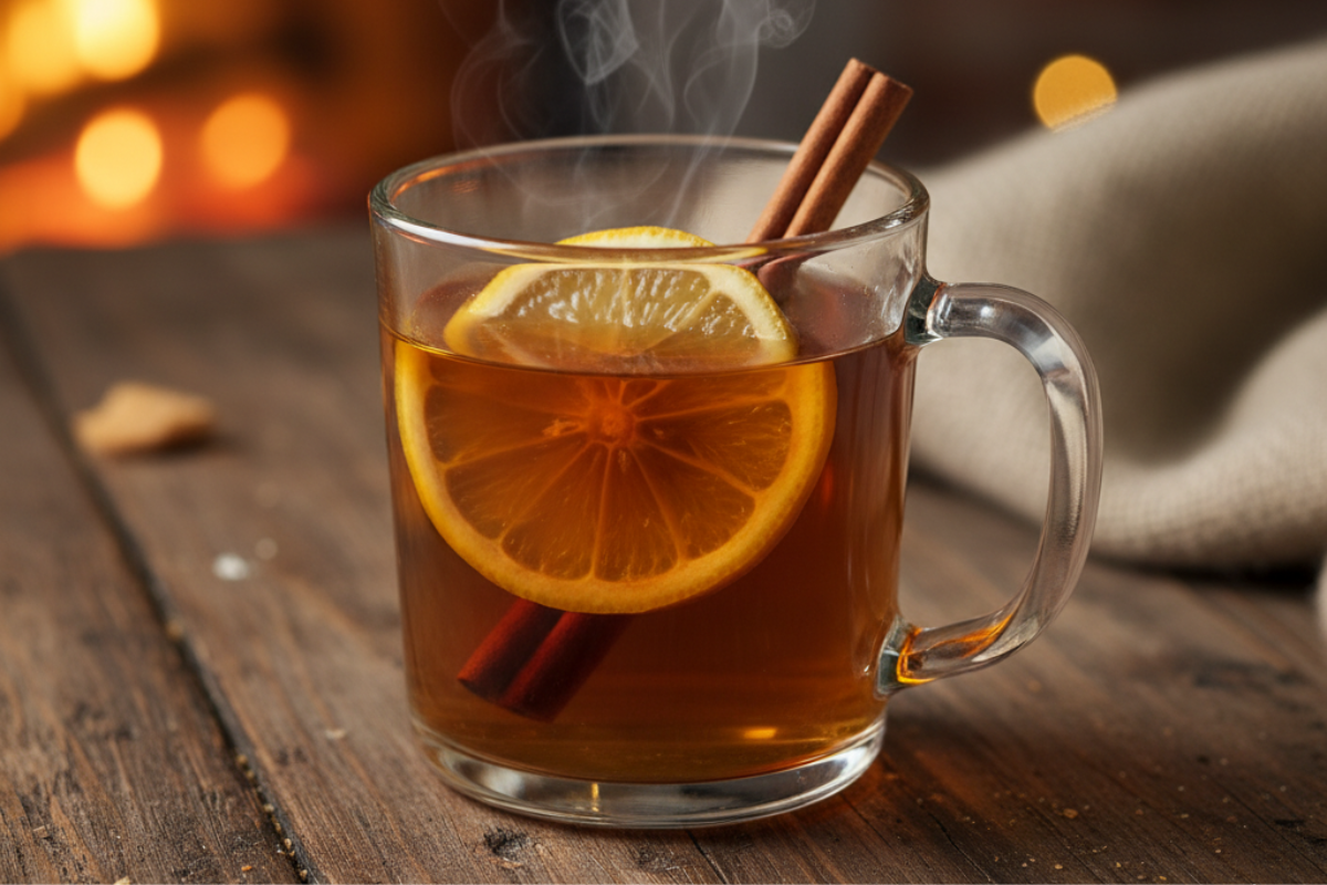 Hot Toddy drink with lemon and cinnamon served warm