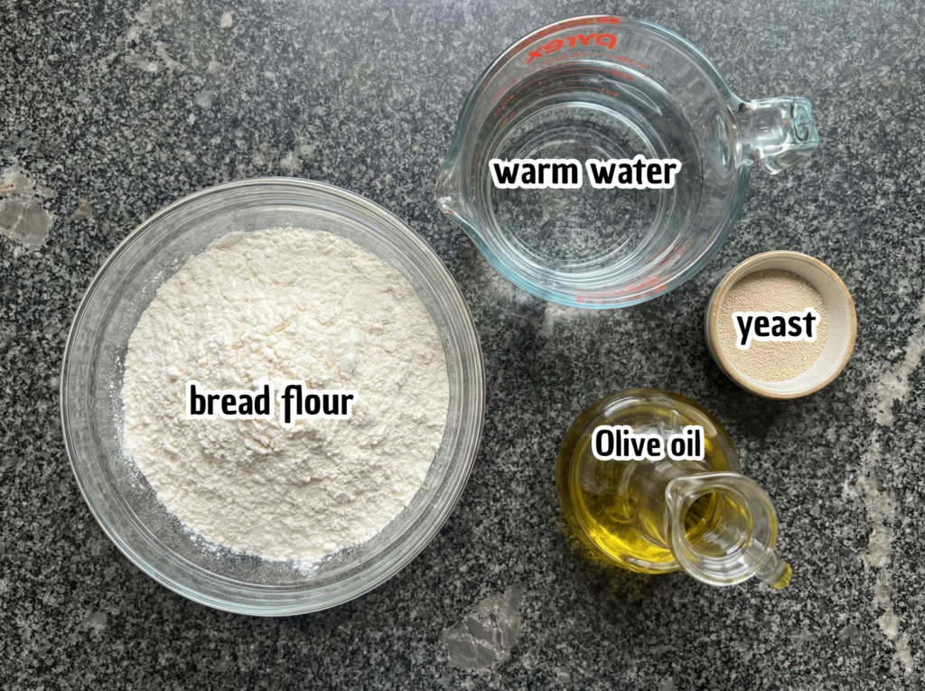 Ingredients for making Italian ciabatta bread including bread flour, warm water, instant yeast, and olive oil on a kitchen counter.