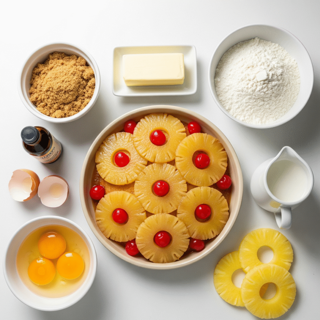 Ingredients for Pineapple Upside Down Cake ready for baking - upside down pineapple recipe