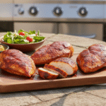 Juicy BBQ chicken breast served with sauce, perfect for grilling or baking.
