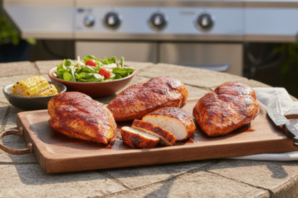 Juicy BBQ chicken breast served with sauce, perfect for grilling or baking.